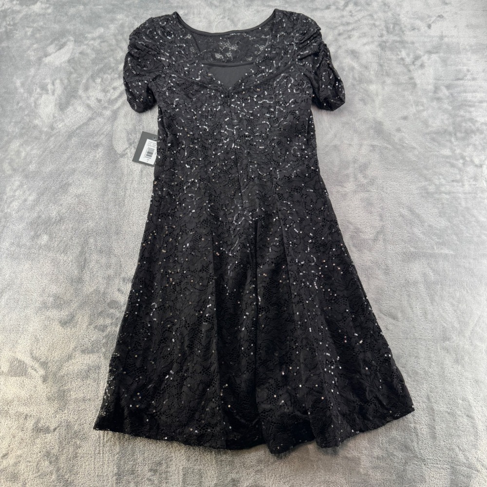 NWT Black Sequin Lace Mini Dress Short Puff Sleeve Party Cocktail‎ 267594A S